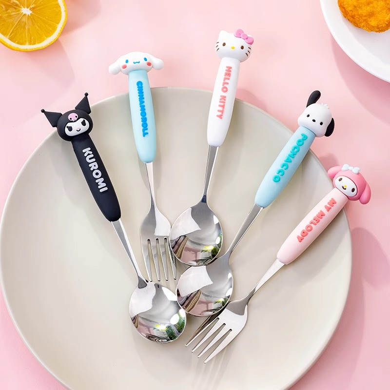 정품 산리오 스테인레스 스틸 스푼 포크 가정용 식사 스푼 귀여운 긴 스푼 스푼 높은 컬러 가치 스푼 세트