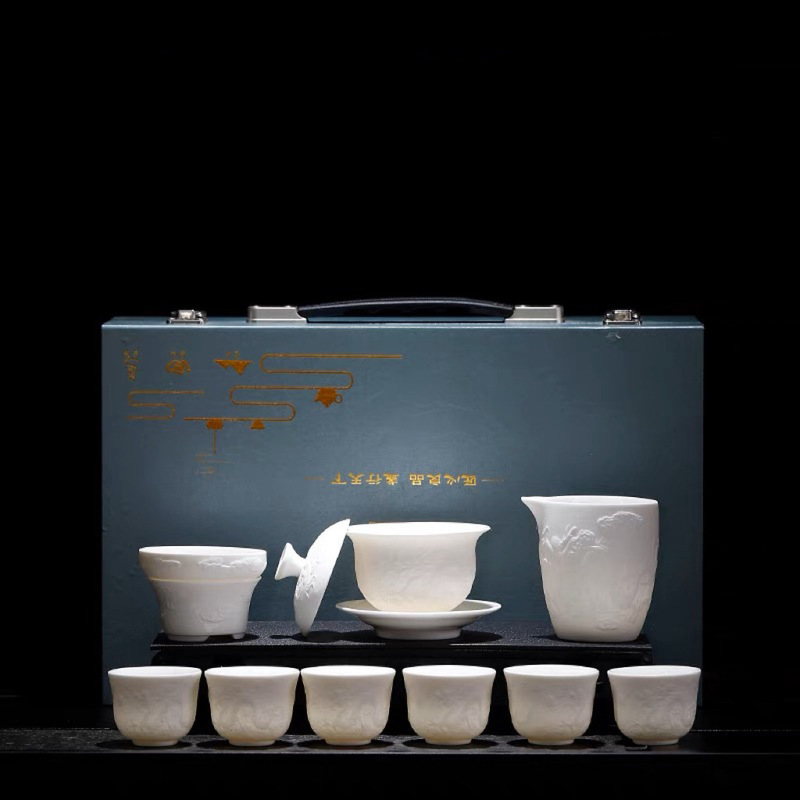 New Embossed Dragon and Phoenix Chengxiang Suatan Jade Tea Set suit Chinese White Kung Fu Tea Set Teapot Cover Bowl Tea Cup Tea Set