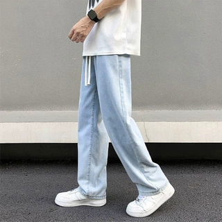 浅蓝色直筒牛仔裤男春季新款宽松裤子松紧腰休闲美式高街阔腿长裤
