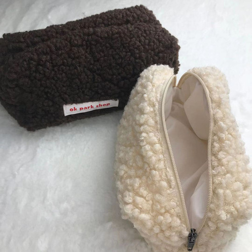Fleece Makeup Bag Korean Style Fashion Simple Lamb Fur Pen Bag Large Capacity Zero Wallet Stationery Bag Storage Bag Square