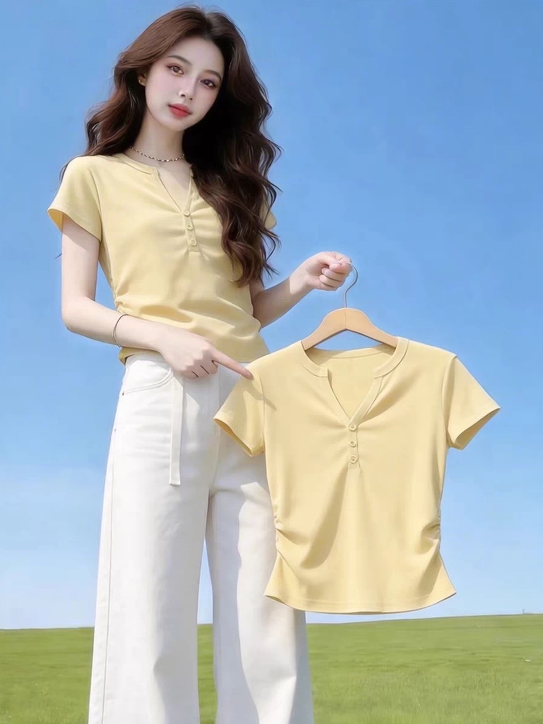 Áo thun ngắn tay nữ phong cách Hàn Quốc, thiết kế thắt eo tôn dáng — màu trắng