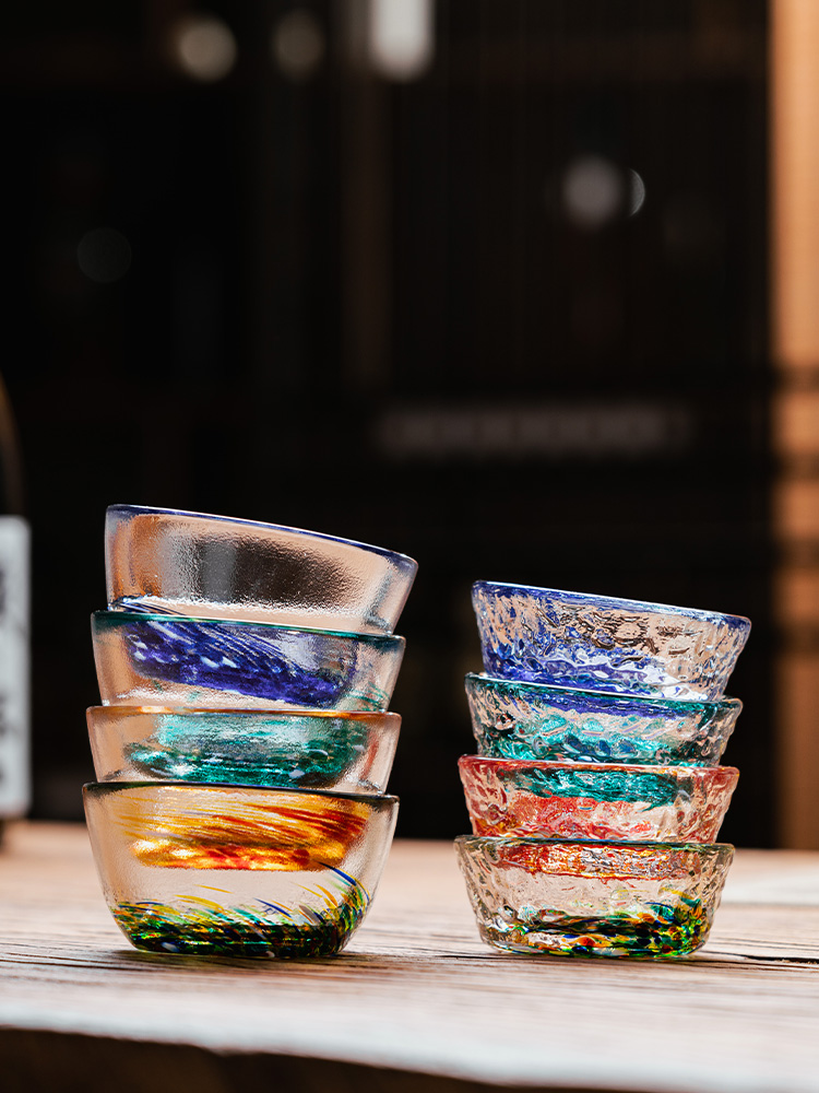 日式创意餐具 彩色琉璃杯多款清酒杯冰酒杯果酒桃花酒杯玻璃味碟