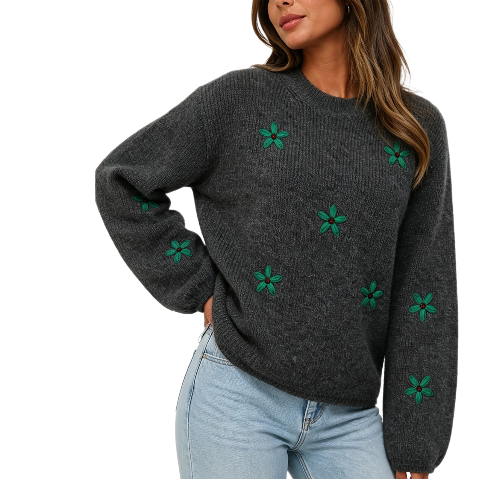 European and American retro green flower embroidered round neck sweater for women autumn and winter lazy style loose pullover sweater cross-border