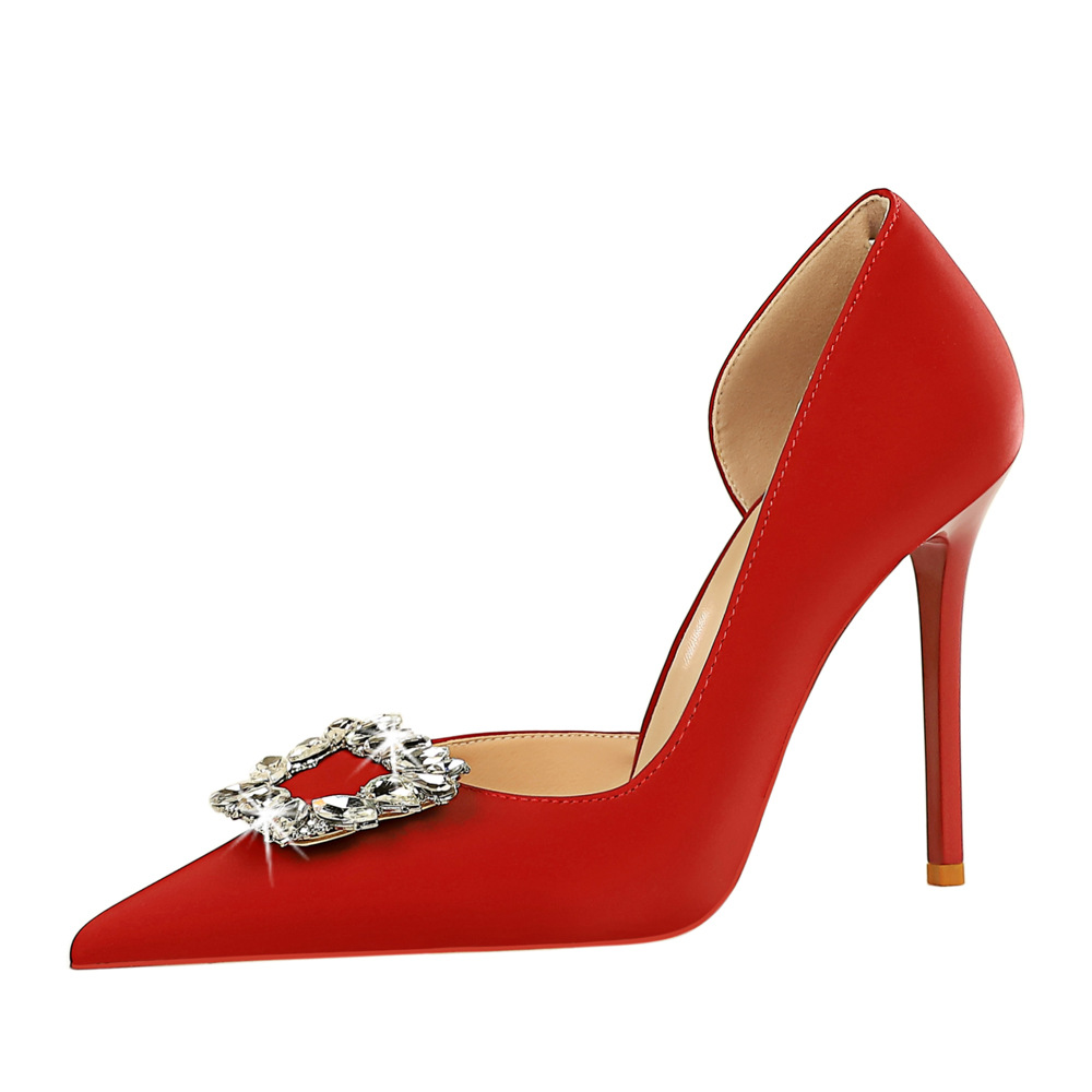 626-K2 Banquet High Heels Slim Heels Ultra High Heels Shallow Notched Pointed Side Cut Metal Rhinestone Button Style Single Shoes