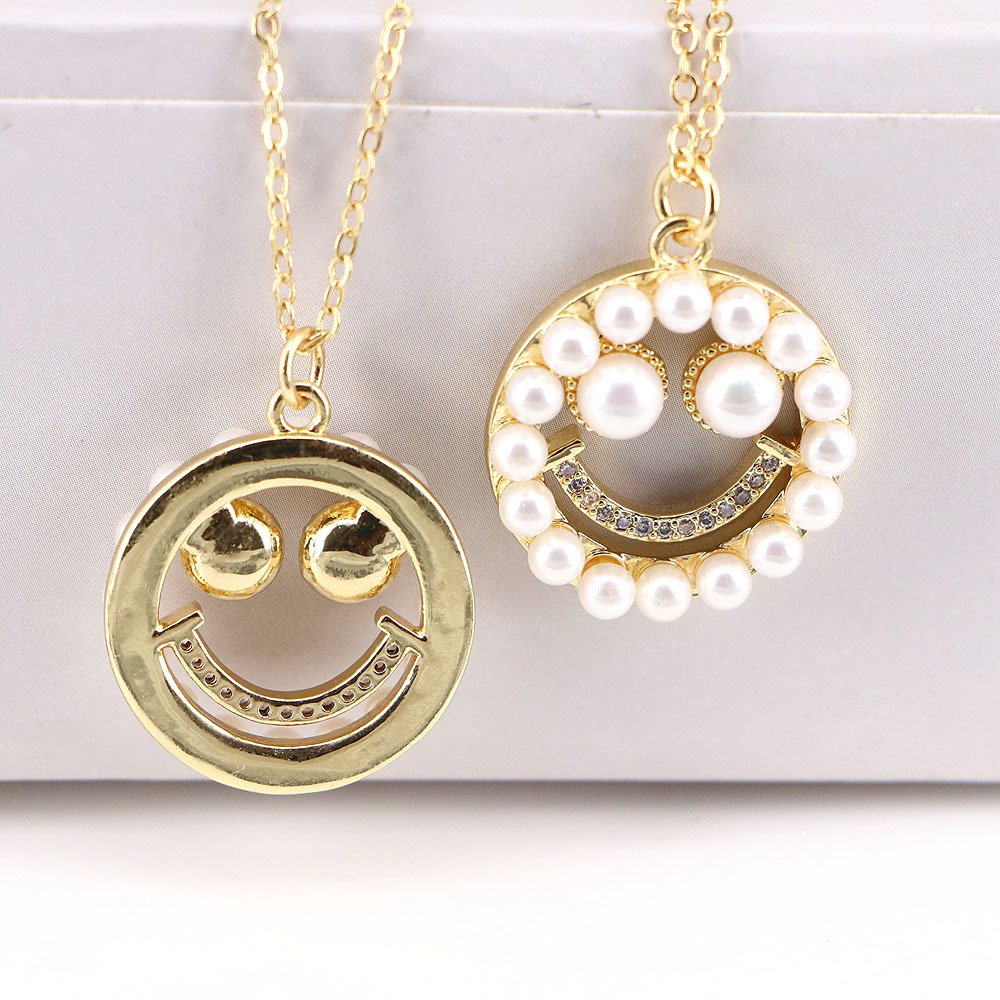 European And American Style Inlaid Pearl Zircon Hollow Smiley Face Pendant Necklace display picture 3