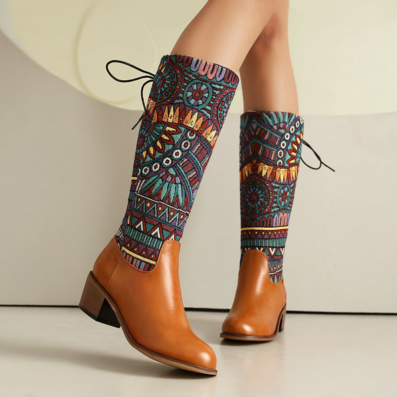 Women's High Boots European and American Autumn and Winter Retro Ethnic Style Knee-high Boots Stitching Contrast Color High Boots Rear Lace-up Martin Boots