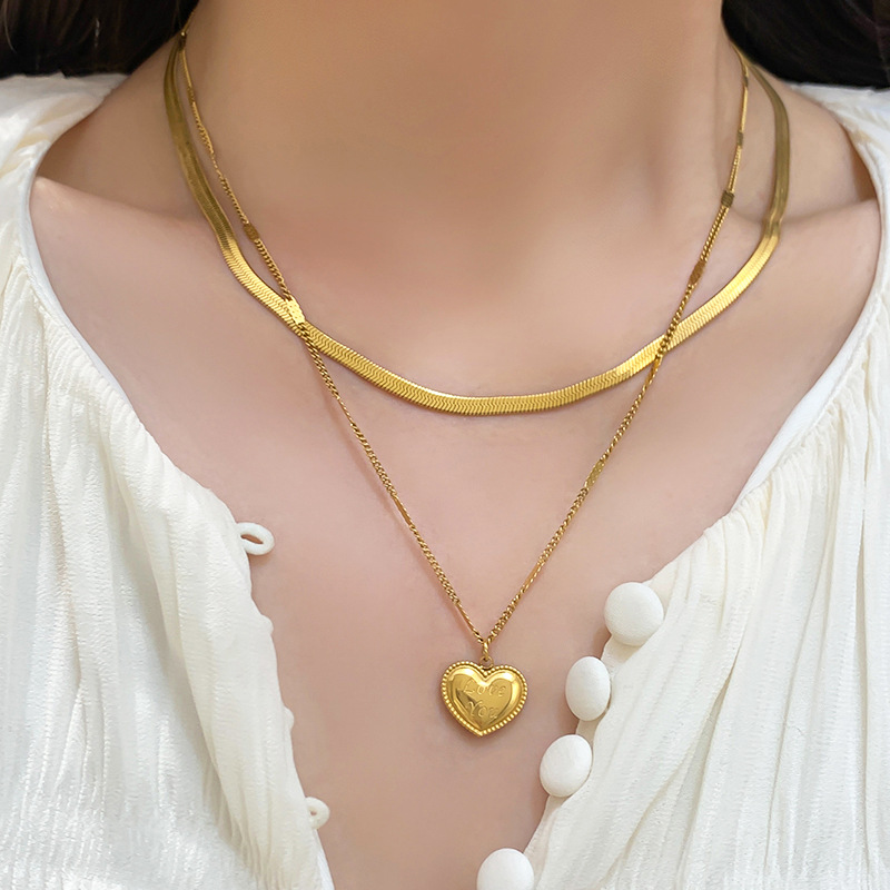 Double Layer Heart Pendant Necklace Titanium Steel Snake Chain_voghion.com