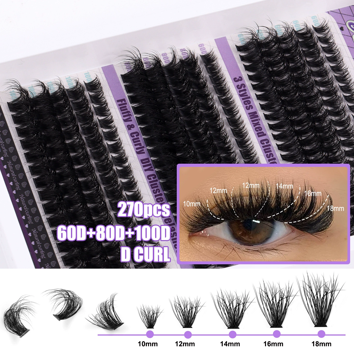 DIY Eyelash Set, Mixed Cluster Fluffy & Curly 30D–100D, Multi-size Kits with Optional Tools