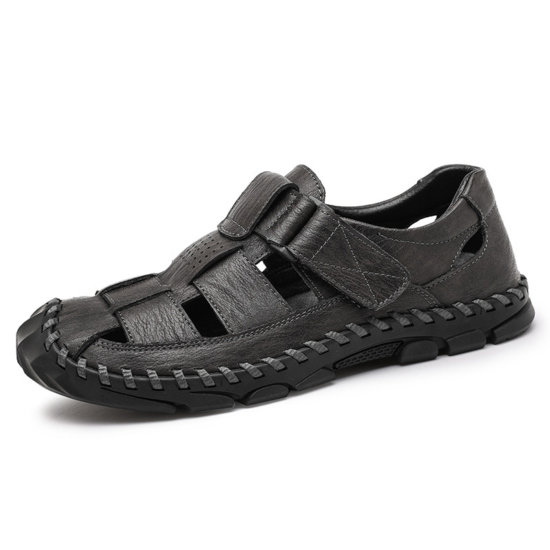 Summer Closed-Toe Sandals Lightweight Size 48 Beach Casual Breathable Velcro Soft Leather Surface Hole Shoes For Men_voghion.com