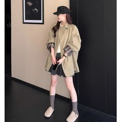 2025秋新款撞色格纹小个子风衣外套女廓形宽松显瘦百搭英伦风大衣
