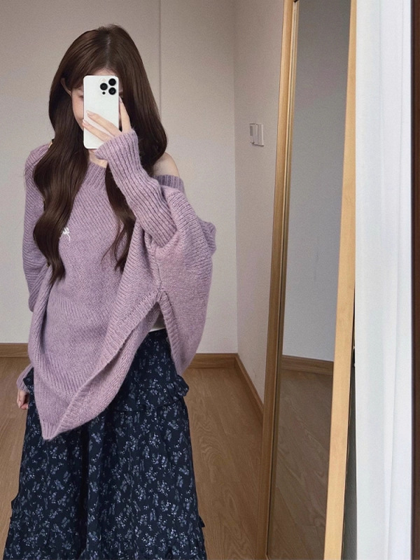 法式不规则紫色斜肩套头毛衣女2025早秋季新款宽松露肩针织衫上衣|undefined