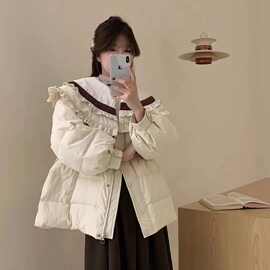 韩系小香风甜美羽绒服女撞色拼接娃娃领收腰显瘦白鸭绒保暖外套