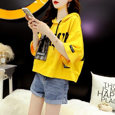 Casual All-match Short Hooded Short-sleeved T-shirt Women's Summer New Korean Style Top