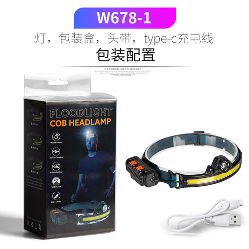 Cross-border new XPG+COB flood sensor headlight Type-C rechargeable outdoor zoom fishing work LED headlight