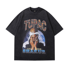 TKPA美式復古潮牌嘻哈人像印花水洗做舊短袖T恤男女古着半袖上衣