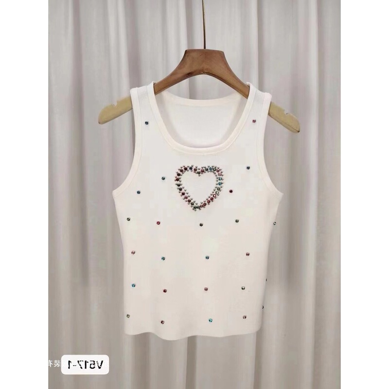 Summer Sweet and Spicy Sexy Short Love-Heart Beaded Rhinestone Women's Camisole Slim-Fit Ice Silk Versatile Sleeveless Knit Top