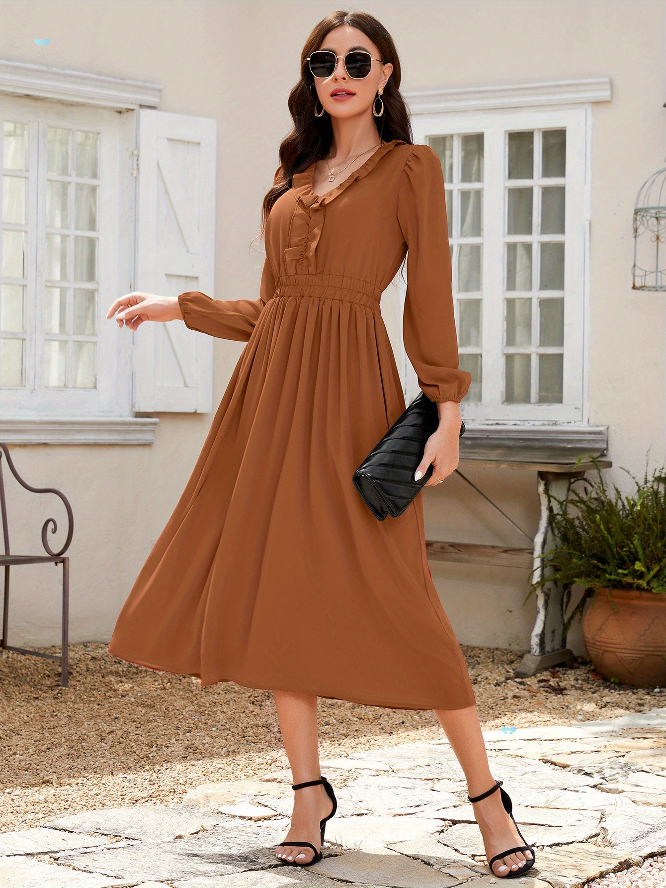 Elegant Light Blue Midi Dress for Women V Neck with Ruffle