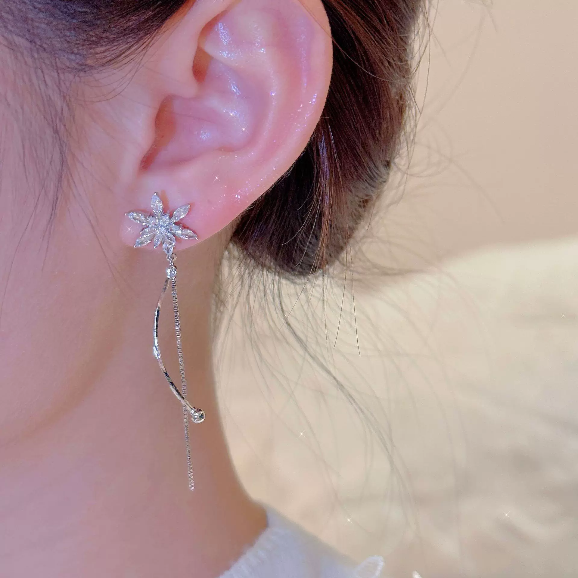 跨境热销雪花耳钉 长款流苏小众 轻奢耳饰时尚气质饰品养耳洞耳钉