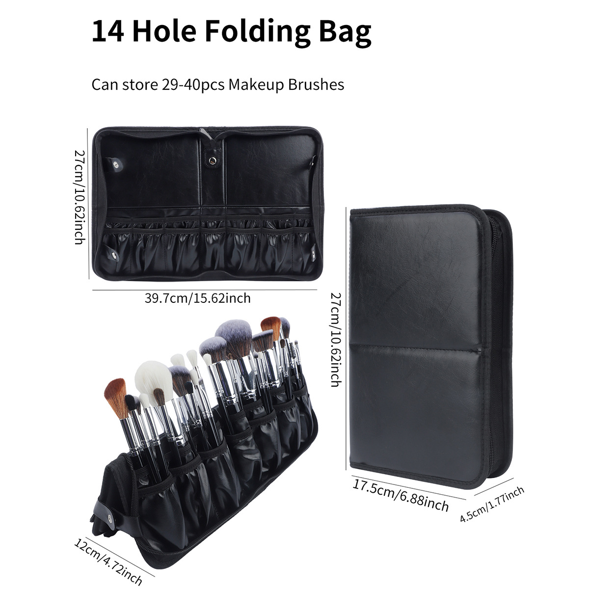 Nuevo bolso de cepillo de maquillaje transfronterizo de 14-40 agujeros bolsa de almacenamiento de gran capacidad bolsa de maquillaje plegable negra grande en stock
