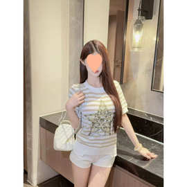 礼礼 条纹细闪星星重工刺绣圆领针织衫女夏套头显瘦慵懒上衣气质