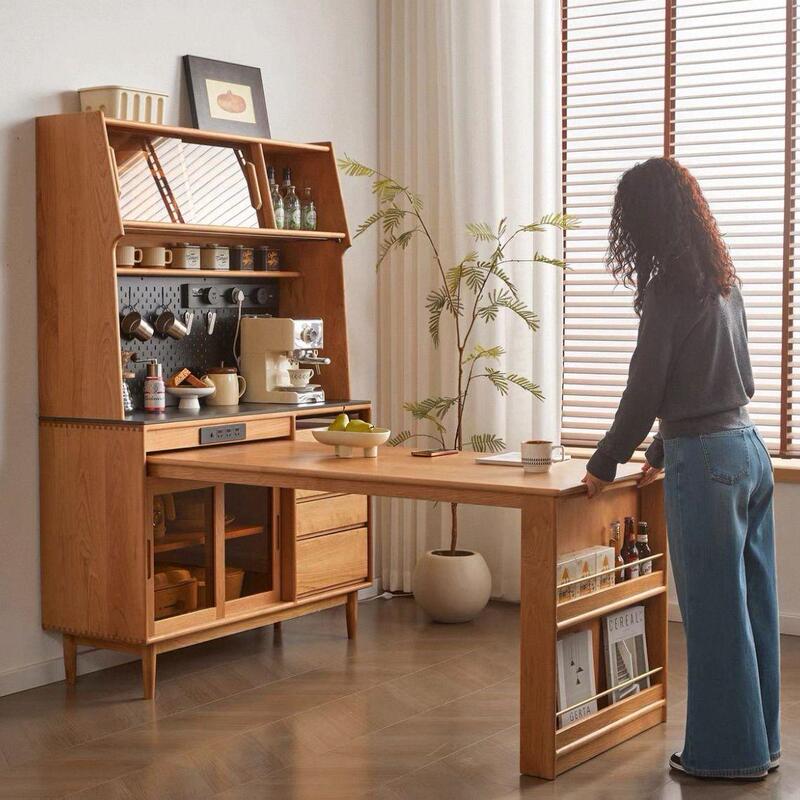 North American cherry wood sideboard with extendable dining table, integrated for small spaces, solid wood, can be embedded into the dining table, solid wood storage cabinet North American cherry wood sideboard with extendable dining table, integrated for small spaces, solid wood, can be embedded into the dining table, solid wood storage cabinet