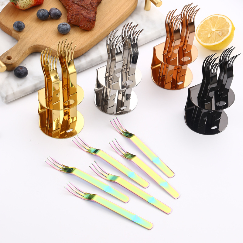 Creativo 304 de acero inoxidable Tenedor de fruta traje combinación occidental vajilla postre tres-diente palo de fruta 6 unidades conjunto LOGO