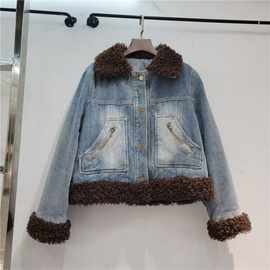 毛领撞色牛仔短款棉服外套女美式复古2025秋冬夹棉拼羊羔毛棉衣