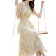 Super Good-looking Printed Small Flying Sleeve Chiffon Dress Women's 2024 Summer New Beautiful Unique Seaside Vacation