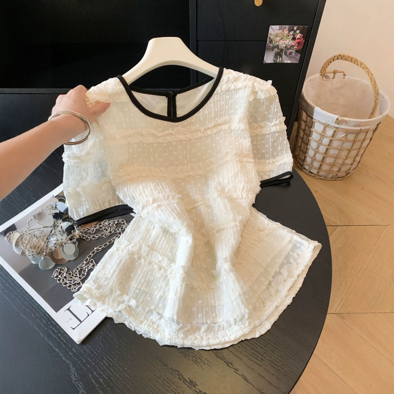 Chanel-Style Lace Patchwork Color-Block Short-Sleeve Shirt for Women, 2026 Summer New Unique and Beautiful Top Chanel-Style Lace Patchwork Color-Block Short-Sleeve Shirt for Women, 2026 Summer New Unique and Beautiful Top