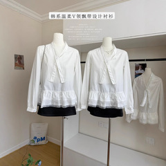 实拍红人馆8/13新款白色拼接蕾丝蝴蝶结衬衫温柔风荷叶边长袖上衣