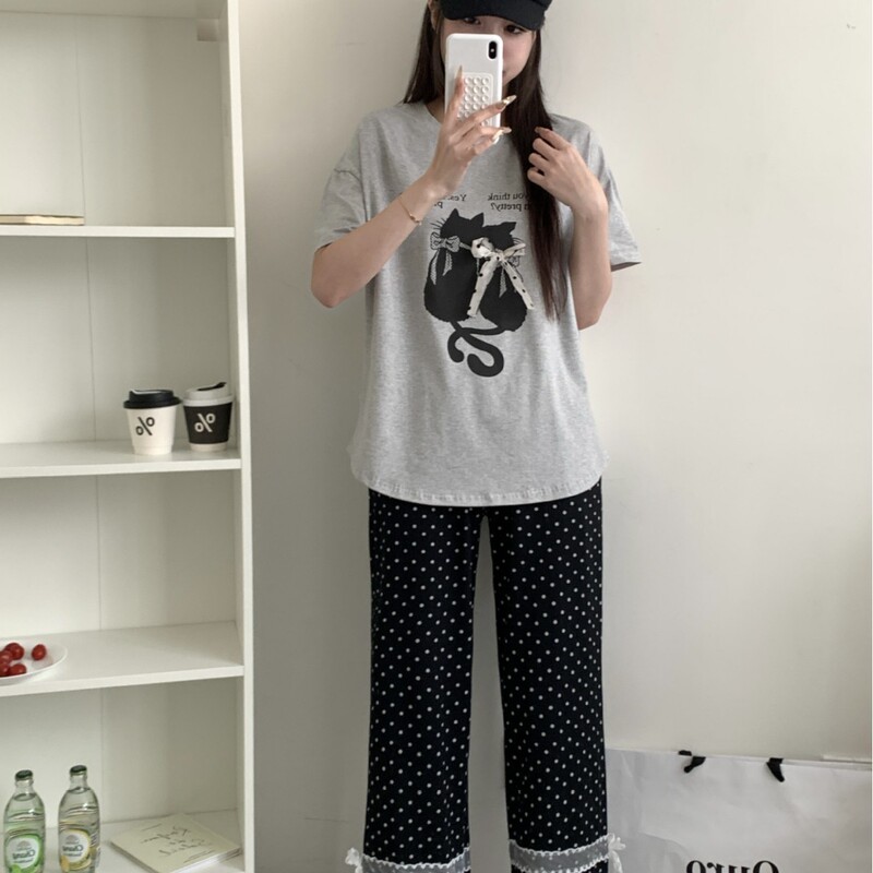 Spring and Autumn New Cute Cartoon Couple Cat Pajamas Women's Home Clothes Short-sleeved Trousers Can Wear Pajamas suit Spring and Autumn New Cute Cartoon Couple Cat Pajamas Women's Home Clothes Short-sleeved Trousers Can Wear Pajamas suit