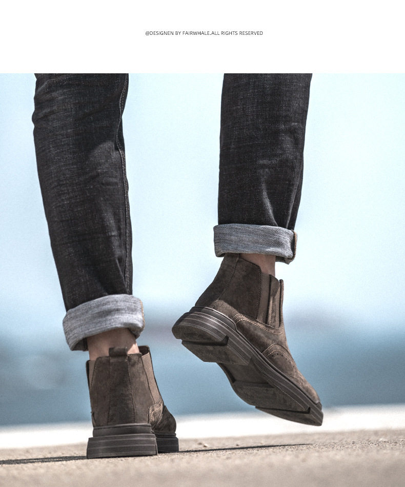 Bốt Martin nam da thật cổ thấp gót vuông 1-3 cm, bốt Chelsea lót nhung giữ ấm — 79722-R lót lông màu nâu, Màu nâu 79722 chi tiết 15
