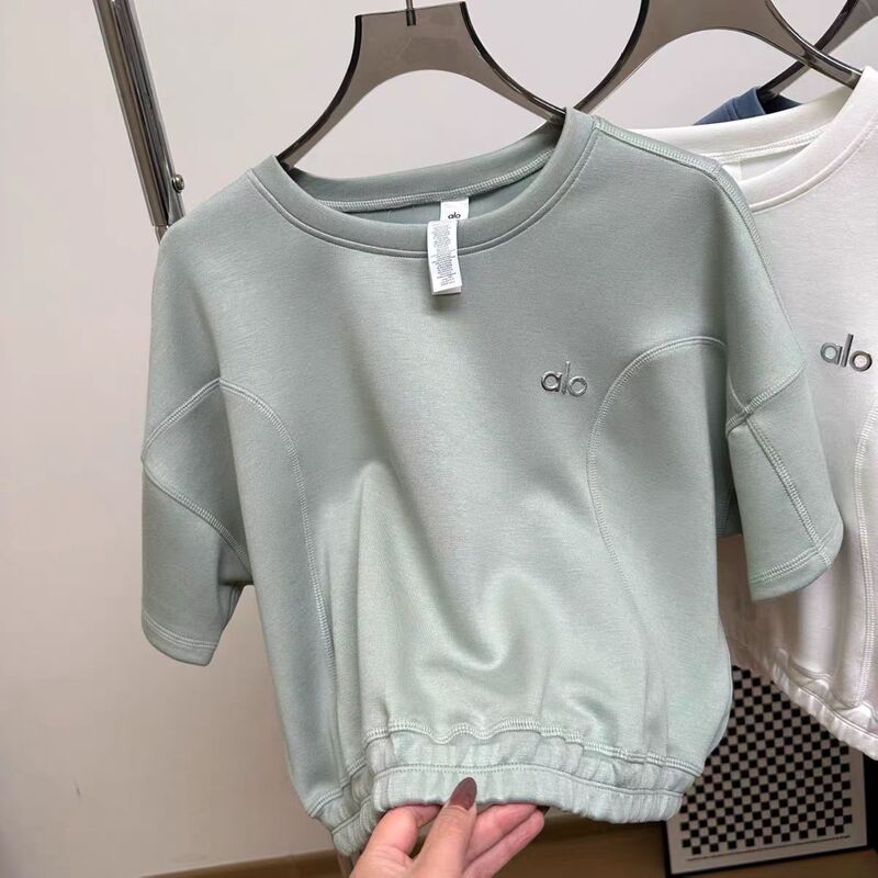 aloクラス 春夏 エアレイヤー ヨガ ショートTシャツ 伸縮性裾 おへそ出し ウエスト半袖トップス|undefined