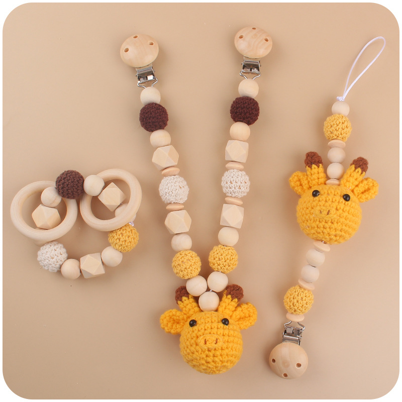 Nuevo bebé suministros de dibujos animados animal jirafa ovejas calmante bebé chupete cadena coche colgando traje de tres piezas