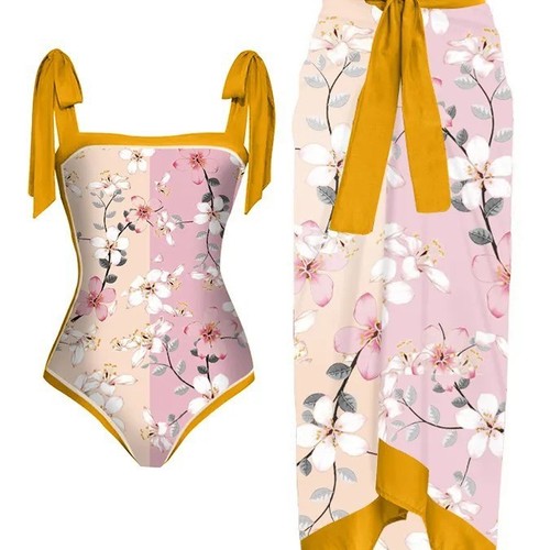 Conservative, high-waisted, wrap-style two-piece swimsuit with European and American print