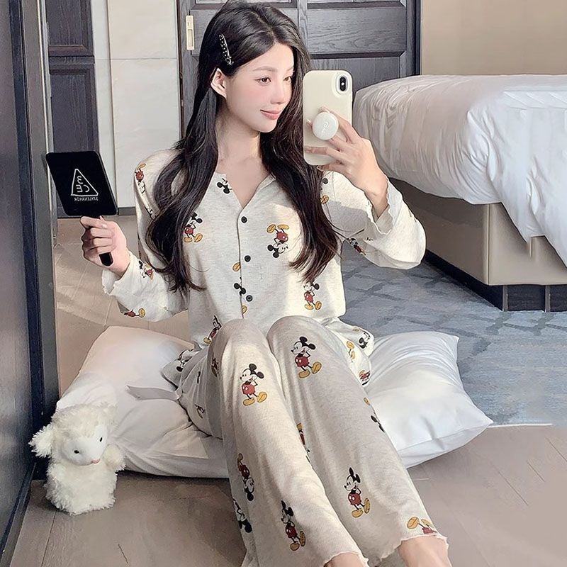 Spring and Autumn Women's Double-Breasted V-Neck Pajama Set with Sweet Cartoon Anime Print, Ice Silk Ribbed Fabric, Can Be Worn Outside