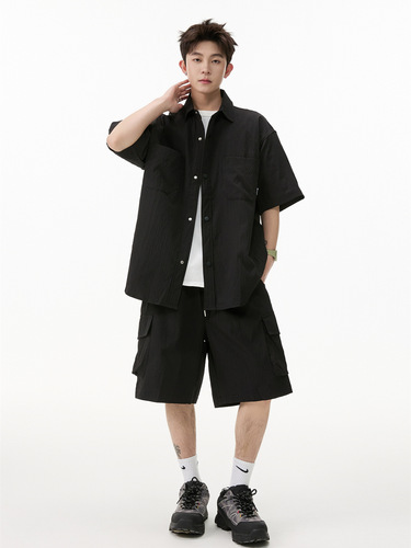 Relaxed Fit Workwear Short Sleeve Shirt Set Men 2025 Summer Loose Casual Collar Shirt Two-Piece Set Sports Sun Protection Top