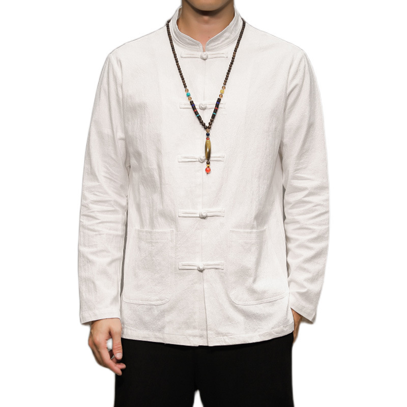 Camisa de lino de la marca de moda de los hombres traje de Tang retro camisa de manga larga de color sólido todo fósforo de algodón y lino superior estilo chino mejorado Hanfu