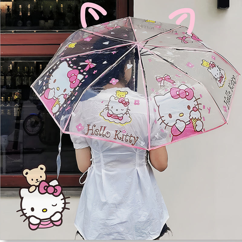 Japanese Hello Kitty Transparent Umbrella Foldableing Umbrella Popular Anime Cartoon Manual 70% off Small Fresh Plastic Umbrella for Men and Women