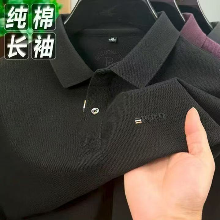 厂家秋季新款100纯棉长袖polo衫男中年商务休闲宽松印花翻领T恤男|undefined