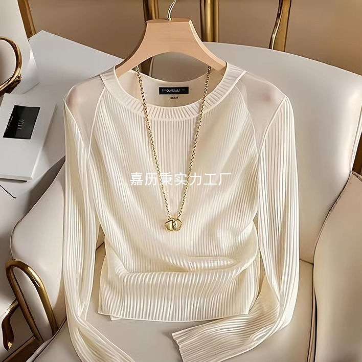 米白色薄款长袖针织衫女装春秋2025新款尾单冷淡别致上衣