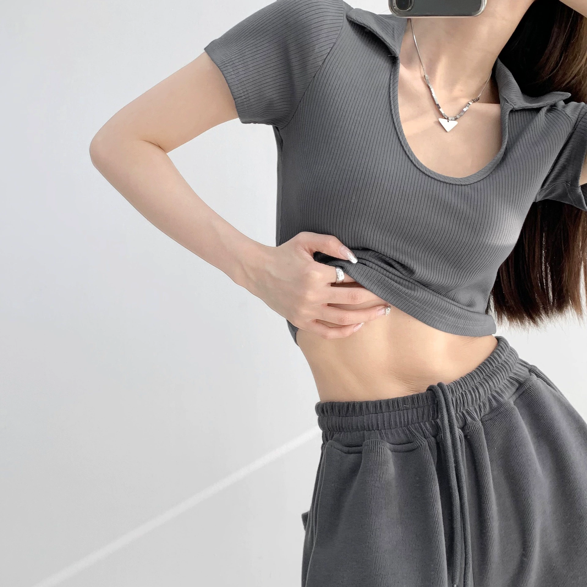 Короткая связанная cropped футболка, европейский стиль, Slim fit, короткий рукав