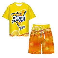 夏の爆発的な趣味のアイスティー飲料セット男女同じプリントtシャツパンツ緑茶趣味cos服装
