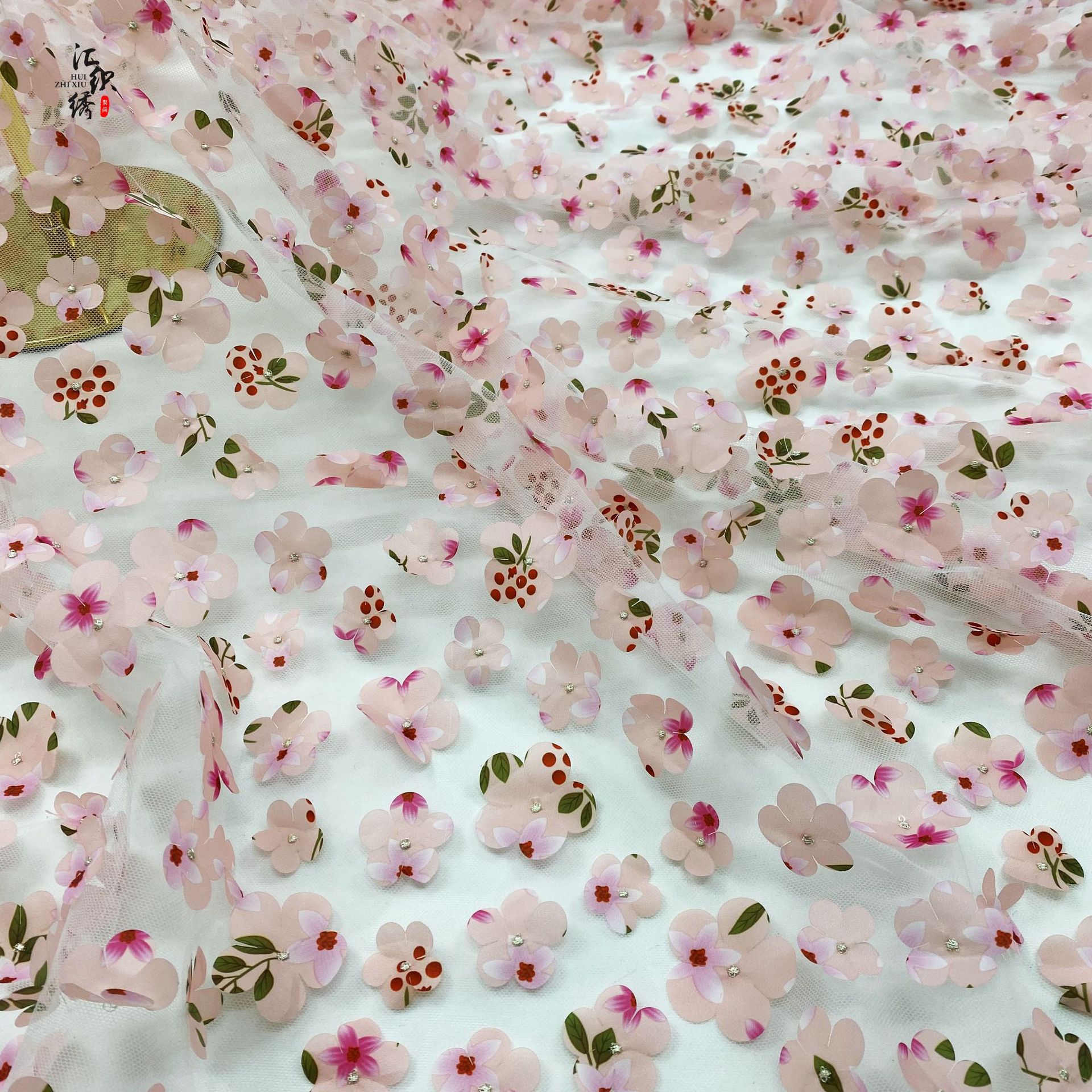 立体激光面料樱花唯美雪纺网 3D蕾丝面料童装连衣裙礼服 绣花面料