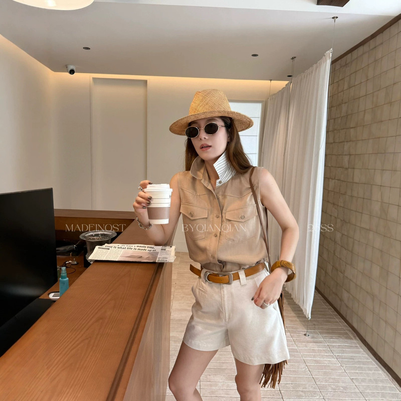 【Fei】95% Tencel American Retro Workwear Shirt for Women with Contrasting Collar Design, Single-Breasted Sleeveless Top