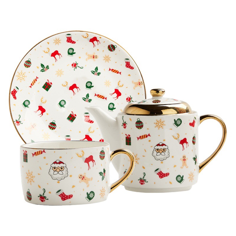 Amazon Venta caliente chapado en oro juego de té de cerámica traje de regalo de Navidad una olla y dos tazas ins taza y platillo logotipo imprimible