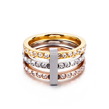 现货韩版电镀18k金色戒指 不锈钢金色钢色大气三层多环戒指