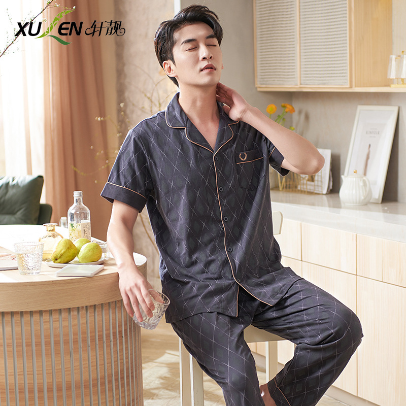 Pijamas de mediana edad para hombres de verano Delgado 100% algodón de manga larga para hombres de verano suelto traje para el hogar