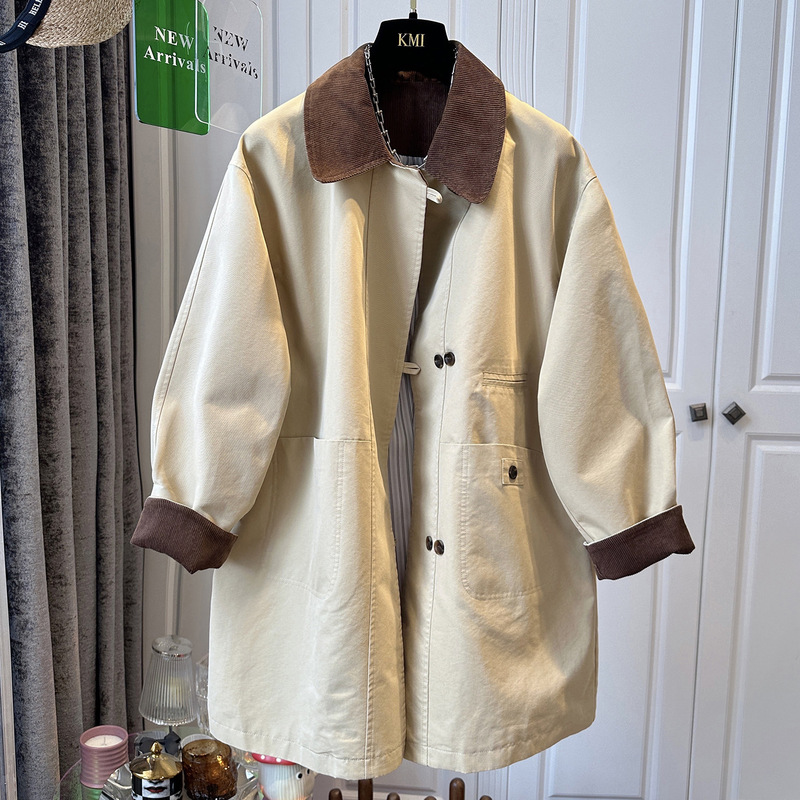 British Style Contrasting Color Lapel Mid-Length Windbreaker Women's Coat Loose Casual Elegant Super Nice-Looking 2025 Autumn and Winter New Style