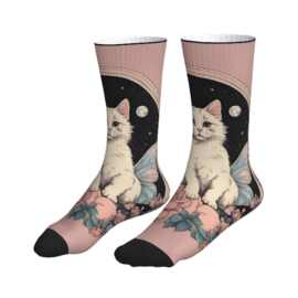 POD印花跨境星月精灵猫咪玫瑰百搭中筒袜